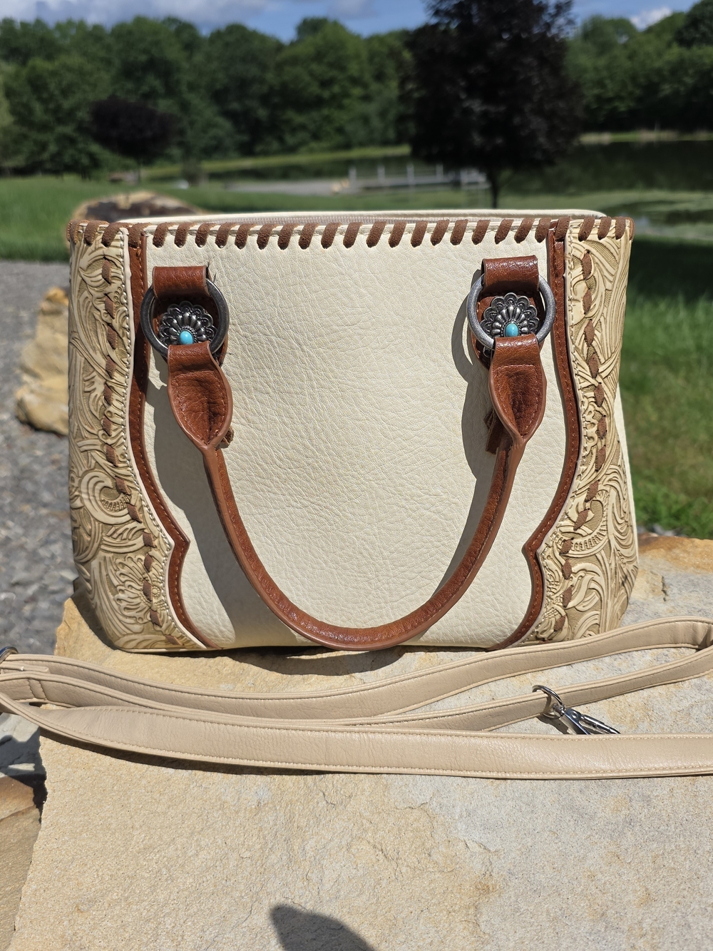 Western Tooled Leather Trinity Ranch Cream and Brown Women’s Satchel Handbag